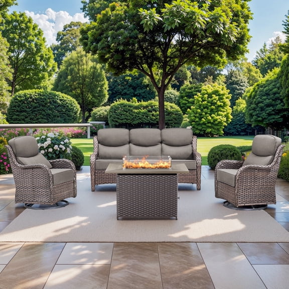Planntonneo 4 Pieces Wicker Outdoor Patio Furniture Set with Fire Pit Table, 2 Swivel Rocking Chairs and Sofa with 6" Thick Cushion for Porch Deck Garden Backyard, Brown/Grey