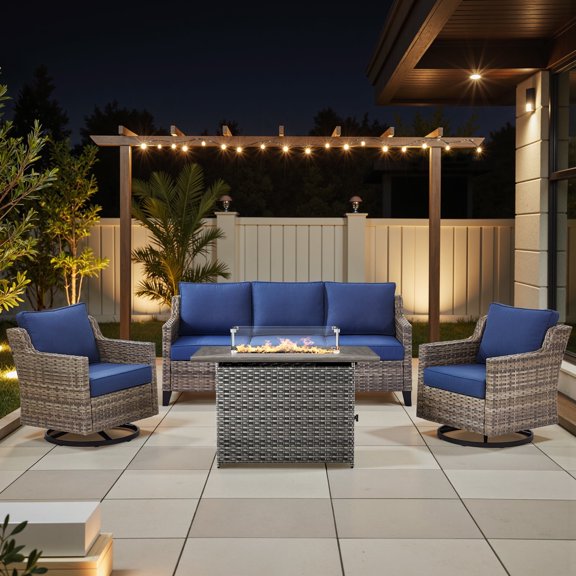 Planntonneo 4 Pieces Wicker Patio Furniture Sets-Rattan Sofa with 2 Swivel Glider Chairs and Fire Pit Table, Outdoor Conversation Sets for Porch Balcony Deck, Grey/Blue