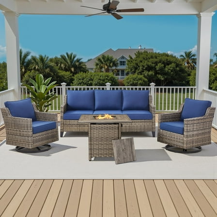 Planntonneo 4pcs Patio Furniture Set with Fire Pit Table, Rattan Sofa with Swivel Chairs and 30" Propane Fire Table Square, Blue Cushions