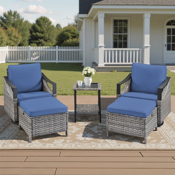 Planntonneo 5-Piece Outdoor Conversation Sets, Wicker Swivel Gliders with Ottomans,Side Table, Patio Seating Furniture with Blue Cushions