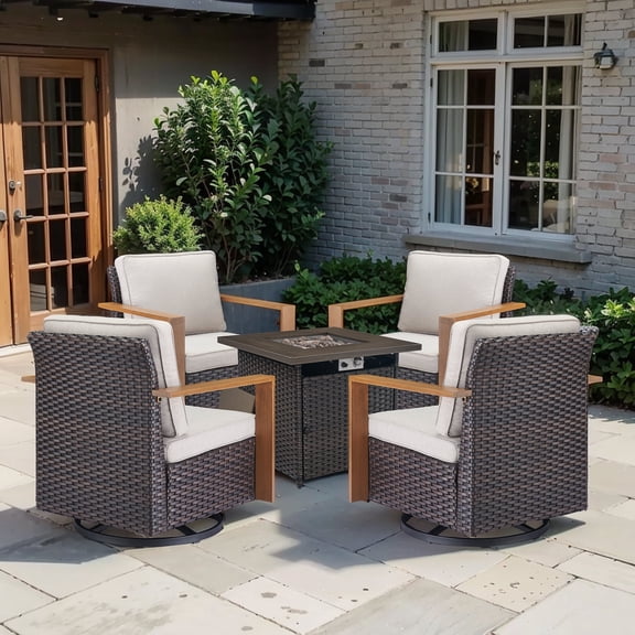 Planntonneo 5 Pieces Patio Furniture Set - Swivel Rocker Glider Chairs Set of 4 with 50000BTU Propane Fire Pit Table, Wicker Outdoor Conversation Set, Brown/Beige