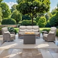 thumbnail image 1 of Planntonneo 5 Pieces Wicker Outdoor Patio Furniture Set with Fire Pit Table, 2 Swivel Rocking Chairs and Sofa with 6" Thick Cushion and Rattan Table for Porch Deck Garden Backyard, Brown/Beige, 1 of 15