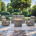 thumbnail image 1 of Planntonneo 5 Pieces Wicker Outdoor Patio Furniture Set with Fire Pit Table, 2 Swivel Rocking Chairs and Sofa with 6" Thick Cushion and Rattan Table for Porch Deck Garden Backyard, Grey/Grey, 1 of 15