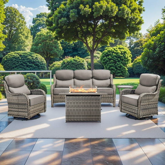 Planntonneo 5 Pieces Wicker Outdoor Patio Furniture Set with Fire Pit Table, 2 Swivel Rocking Chairs and Sofa with 6" Thick Cushion and Rattan Table for Porch Deck Garden Backyard, Grey/Grey