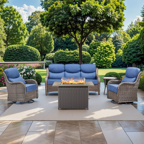 Planntonneo 5 Pieces Wicker Outdoor Patio Furniture Set with Fire Pit Table, 2 Swivel Rocking Chairs and Sofa with 6" Thick Cushion and Rattan Table for Porch Deck Garden Backyard, Brown/Blue