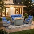 thumbnail image 1 of Planntonneo 5 Pieces Wicker Outdoor Patio Furniture Set with Fire Pit Table, 2 Swivel Rocking Chairs and Sofa with 6" Thick Cushion and Rattan Table for Porch Deck Garden Backyard, Grey/Blue, 1 of 15