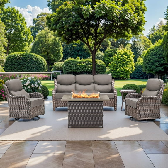 Planntonneo 5 Pieces Wicker Outdoor Patio Furniture Set with Fire Pit Table, 2 Swivel Rocking Chairs and Sofa with 6" Thick Cushion and Rattan Table for Porch Deck Garden Backyard, Brown/Grey