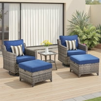 Planntonneo 5 Pieces Wicker Patio Furniture Set-2 Swivel Glider Chairs with 2 Ottoman and Rattan Side Table, Outdoor Conversation Sets for Porch Balcony Deck, Grey/Blue