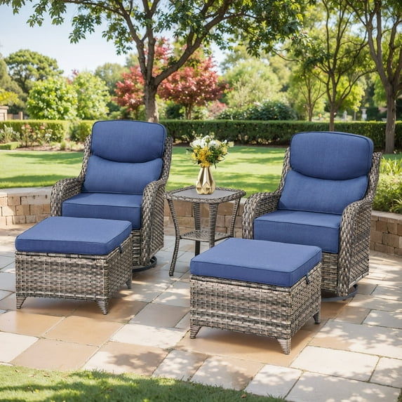 Planntonneo 5 Pieces Wicker Patio Furniture Set-2 Swivel Rockers with 6-inch Thick Cushions, 2 Ottomans and Rattan Table, Outdoor Conversation Set for Garden Porch Backyard, Grey/Blue