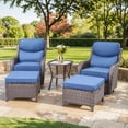 thumbnail image 1 of Planntonneo 5 Pieces Wicker Patio Furniture Set-2 Swivel Rockers with 6-inch Thick Cushions, 2 Ottomans and Rattan Table, Outdoor Conversation Set for Garden Porch Backyard, Brown/Blue, 1 of 12