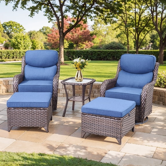 Planntonneo 5 Pieces Wicker Patio Furniture Set-2 Swivel Rockers with 6-inch Thick Cushions, 2 Ottomans and Rattan Table, Outdoor Conversation Set for Garden Porch Backyard, Brown/Blue