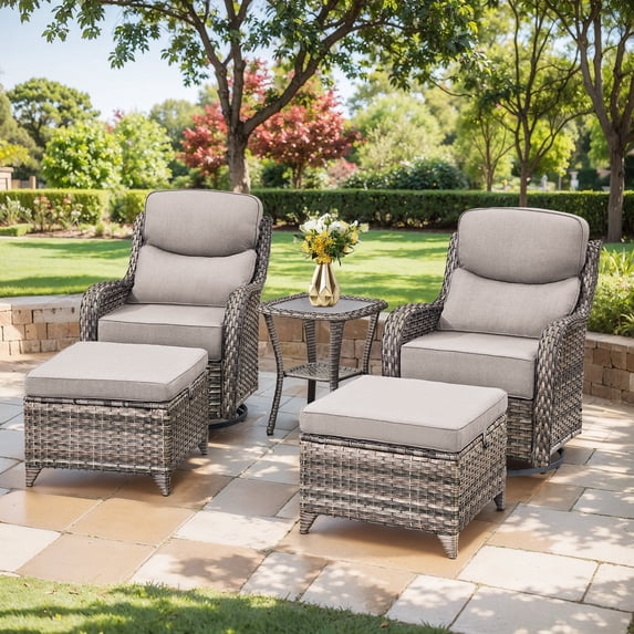 Planntonneo 5 Pieces Wicker Patio Furniture Set-2 Swivel Rockers with 6-inch Thick Cushions, 2 Ottomans and Rattan Table, Outdoor Conversation Set for Garden Porch Backyard, Grey/Beige