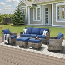 Planntonneo 5 Pieces Wicker Patio Furniture Set - Rattan Sofa with 2 Swivel Glider Chairs and 2 Ottomans, Outdoor Conversation Sets for Garden Porch Deck, Grey/Blue