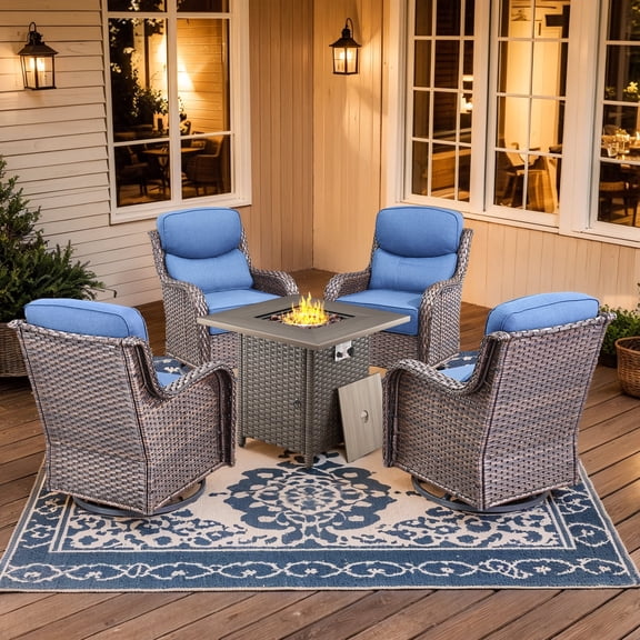Planntonneo 5pcs Patio Furniture Set with Fire Pit Table, 4pcs Outdoor Wicker Swivel Chairs with 30" Propane Fire Table Square, 6inch Thickened Blue Cushions