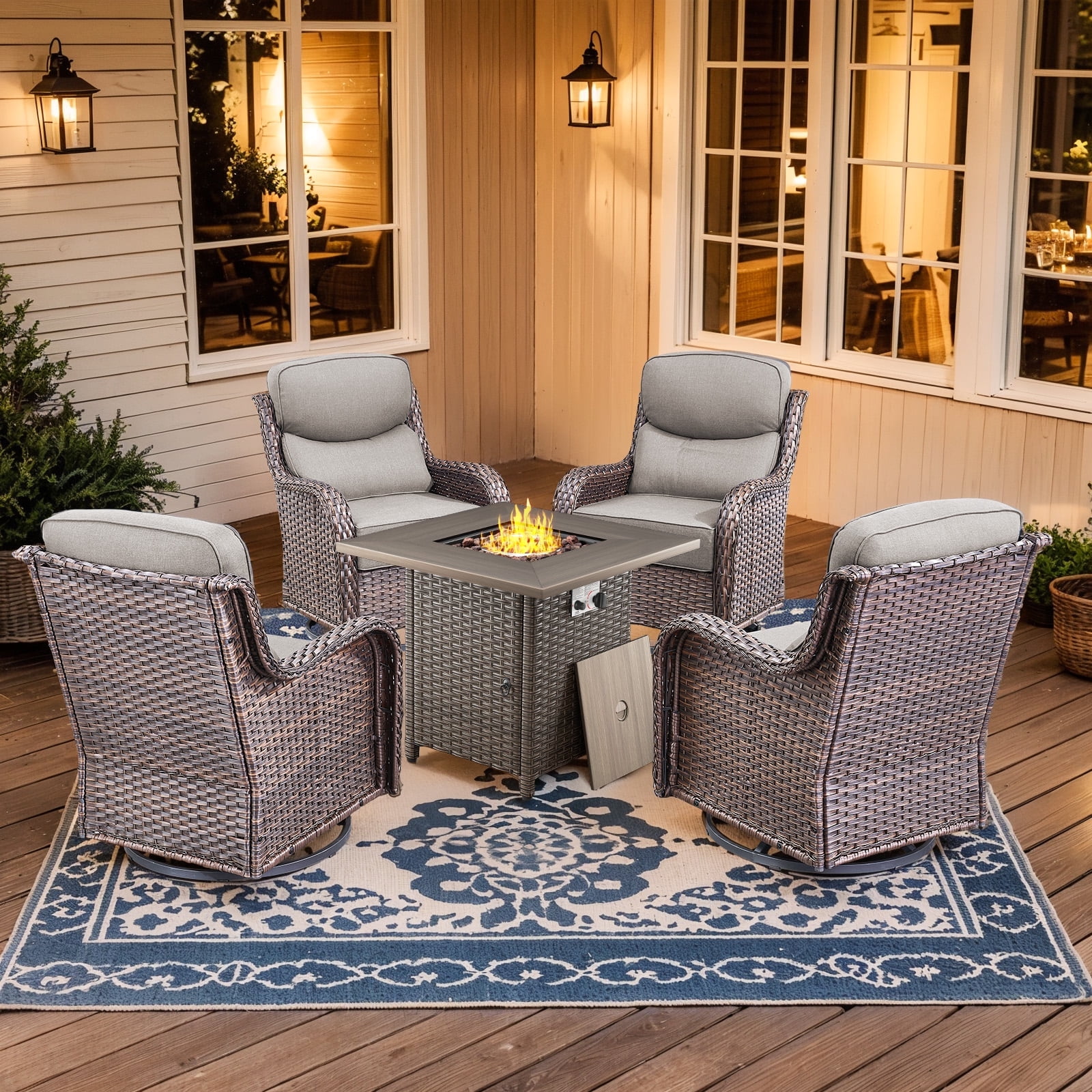 Planntonneo 5pcs Patio Furniture Set with Fire Pit Table, 4pcs Outdoor Wicker Swivel Chairs with 30" Propane Fire Table Square, 6inch Thickened Grey Cushions