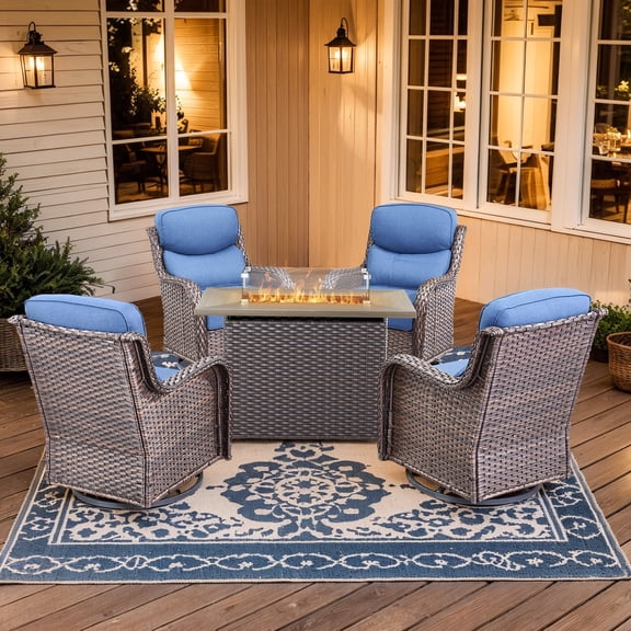 Planntonneo 5pcs Patio Furniture Set with Fire Pit Table, 4pcs Outdoor Wicker Swivel Chairs with 41" Propane Fire Table Rectangular, 6inch Thickened Blue Cushions