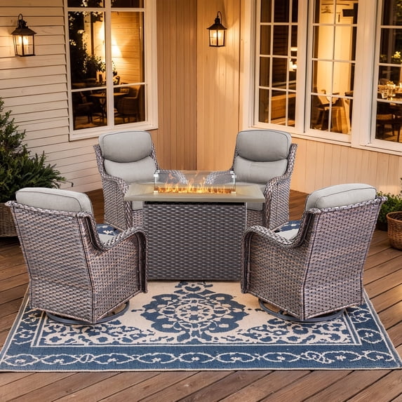 Planntonneo 5pcs Patio Furniture Set with Fire Pit Table, 4pcs Outdoor Wicker Swivel Chairs with 41" Propane Fire Table Rectangular, 6inch Thickened Grey Cushions
