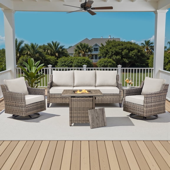 Planntonneo 5pcs Patio Furniture Set with Fire Pit Table, Rattan Sofa with 2 Swivel Rocking Chairs, Side Table and 30" Propane Fire Table Square, Beige Cushions