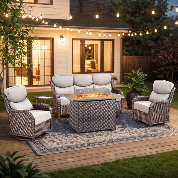 Planntonneo 5pcs Patio Furniture Set with Fire Pit Table, Rattan Sofa with Swivel Chairs, Side Table and 41" Propane Fire Table Rectangular, 6inch Thickened Beige Cushions, Brown Wicker