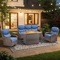 Planntonneo 5pcs Patio Furniture Set with Fire Pit Table, Rattan Sofa with Swivel Chairs, Side Table and 41" Propane Fire Table Rectangular, 6inch Thickened Blue Cushions, Brown Wicker