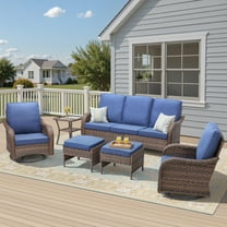 Planntonneo 6 Piece Outdoor Wicker Furniture Sets-High Back Patio Conversation Set with Rattan Sofa, 2 Swivel Rockers, 2 Ottomans and Side Table for Porch Balcony Deck, Blue/Beige