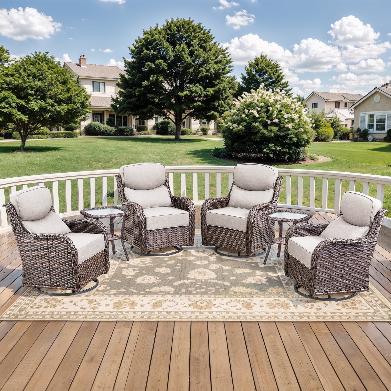 Planntonneo 6-Piece Patio Furniture Set - Wicker Swivel Glider Chairs with 6-Inch High-Resilience Cushions and Side Table, Brown/Beige