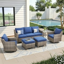 Planntonneo 6 Piece Wicker Patio Furniture Sets - Rattan Sofa with 2 Swivel Rocking Chairs, 2 Ottomans and Side Table, Outdoor Conversation Sets for Porch Balcony Patio Deck, Grey/Blue