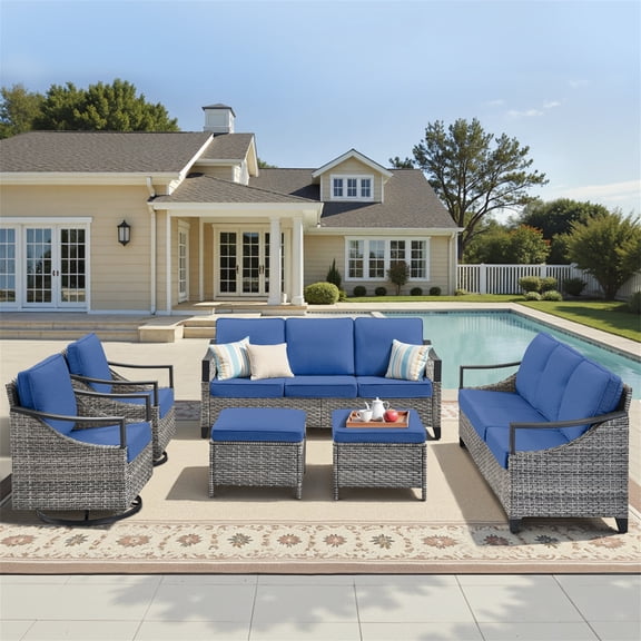 Planntonneo 6 Pieces Patio Furniture Set All Weather Wicker Outdoor Conversation Set with 2 Sofas, 2 Swivel Rocking Chairs and 2 Ottomans for Pool, Backyard, Garden, Blue