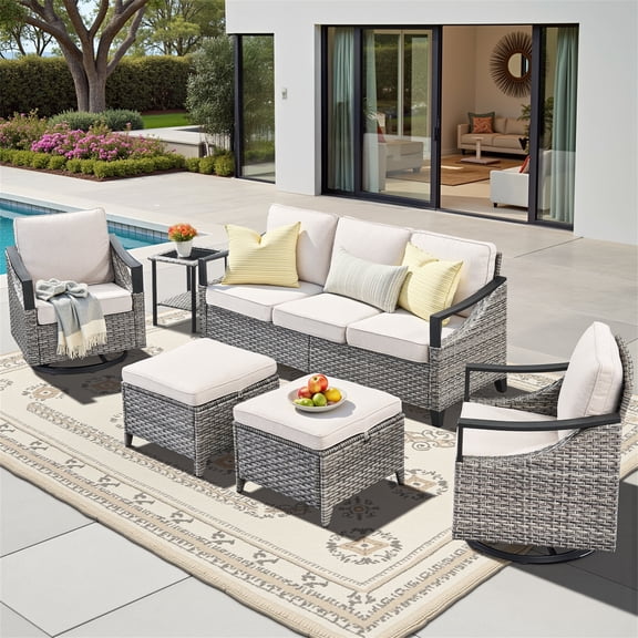Planntonneo 6 Pieces Patio Furniture Set, Wicker Outdoor Conversation Set with Swivel Rocking Chairs, Rattan Couch, Ottomans and Glass Top Coffee Table for Outside, Blue Cushions