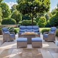 thumbnail image 1 of Planntonneo 6 Pieces Wicker Outdoor Patio Furniture Set with Fire Pit Table, 2 Swivel Rocking Chairs and Sofa with 6" Thick Cushion and 2 Ottomans for Porch Deck Garden Backyard, Brown/Blue, 1 of 13