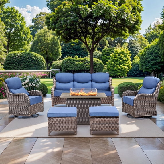 Planntonneo 6 Pieces Wicker Outdoor Patio Furniture Set with Fire Pit Table, 2 Swivel Rocking Chairs and Sofa with 6" Thick Cushion and 2 Ottomans for Porch Deck Garden Backyard, Brown/Blue