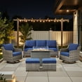 thumbnail image 1 of Planntonneo 6 Pieces Wicker Patio Furniture Sets with Fire Pit Table, Rattan Sofas, 2 Swivel Glider Chairs and 2 Ottomans, Outdoor Conversation Sets for Porch Balcony Deck, Grey/Blue, 1 of 13
