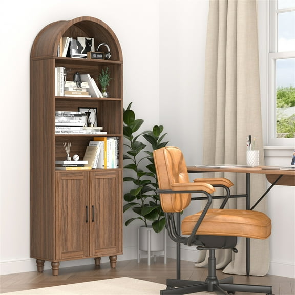 Planntonneo 6 Tier Arched Bookcase with Doors, 70'' Wooden Bookshelf with Cabinet for Living Room, Bedroom, Walnut Color