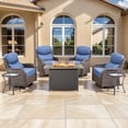 thumbnail image 1 of Planntonneo 7 Pieces Outdoor Patio Furniture Set with Fire Pit Table, 4 Swivel Rocking Chairs with 6" Thick Cushion and 2 Rattan Tables for Porch Deck Garden Backyard, Brown/Blue, 1 of 13