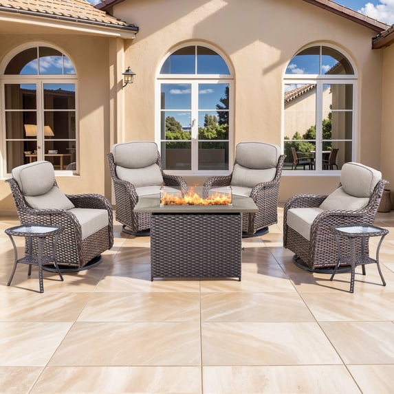 Planntonneo 7 Pieces Outdoor Patio Furniture Set with Fire Pit Table, 4 Swivel Rocking Chairs with 6" Thick Cushion and 2 Rattan Tables for Porch Deck Garden Backyard, Brown/Beige