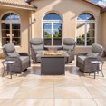 thumbnail image 1 of Planntonneo 7 Pieces Outdoor Patio Furniture Set with Fire Pit Table, 4 Swivel Rocking Chairs with 6" Thick Cushion and 2 Rattan Tables for Porch Deck Garden Backyard, Brown/Grey, 1 of 13