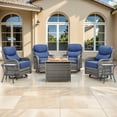 thumbnail image 1 of Planntonneo 7 Pieces Outdoor Patio Furniture Set with Fire Pit Table, 4 Swivel Rocking Chairs with 6" Thick Cushion and 2 Rattan Tables for Porch Deck Garden Backyard, Grey/Blue, 1 of 13