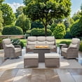 thumbnail image 1 of Planntonneo 7 Pieces Wicker Outdoor Patio Furniture Set with Fire Pit Table, 2 Swivel Rocking Chairs and Sofa with 6" Thick Cushion, 2 Ottomans and Rattan Table, Brown/Beige, 1 of 17