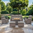 thumbnail image 1 of Planntonneo 7 Pieces Wicker Outdoor Patio Furniture Set with Fire Pit Table, 2 Swivel Rocking Chairs and Sofa with 6" Thick Cushion, 2 Ottomans and Rattan Table, Brown/Grey, 1 of 17