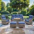 thumbnail image 1 of Planntonneo 7 Pieces Wicker Outdoor Patio Furniture Set with Fire Pit Table, 2 Swivel Rocking Chairs and Sofa with 6" Thick Cushion, 2 Ottomans and Rattan Table, Grey/Blue, 1 of 17