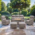 thumbnail image 1 of Planntonneo 7 Pieces Wicker Outdoor Patio Furniture Set with Fire Pit Table, 2 Swivel Rocking Chairs and Sofa with 6" Thick Cushion, 2 Ottomans and Rattan Table, Grey/Grey, 1 of 17
