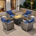 thumbnail image 1 of Planntonneo 7 Pieces Wicker Patio Furniture Sets with Fire Pit Table and 4 Swivel Glider Chairs and 2 Rattan Tables, Outdoor Conversation Sets for Porch Balcony Deck, Grey/Blue, 1 of 12