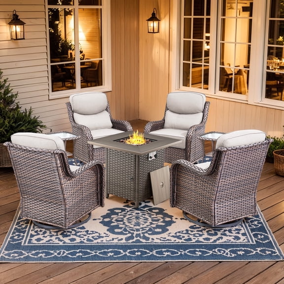 Planntonneo 7pcs Patio Furniture Set with Fire Pit Table, Outdoor Wicker Swivel Chair with Rattan Table and 30" Propane Fire Table Square, Brown Wicker & Beige Cushions