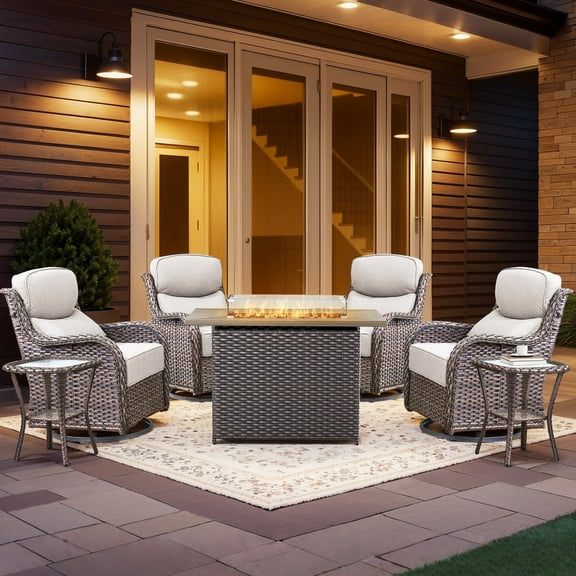 Planntonneo 7pcs Patio Furniture Set with Fire Pit Table, Outdoor Wicker Swivel Chair with Rattan Table and 41" Propane Fire Table Rectangular, Brown Wicker & Beige Cushions