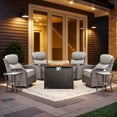 thumbnail image 1 of Planntonneo 7pcs Patio Furniture Set with Fire Pit Table, Outdoor Wicker Swivel Chair with Rattan Table and 43" Propane Fire Table Rectangular, Brown Wicker & Grey Cushions, 1 of 15