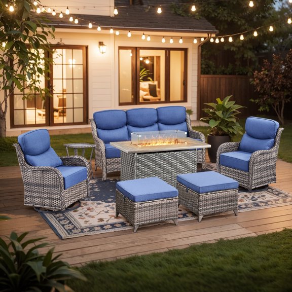Planntonneo 7pcs Patio Furniture Set with Fire Pit Table, Rattan Sofa with Swivel Chairs, Ottomans, Side Table and 41" Propane Fire Table Rectangular, 6inch Thickened Blue Cushions, Grey Wicker