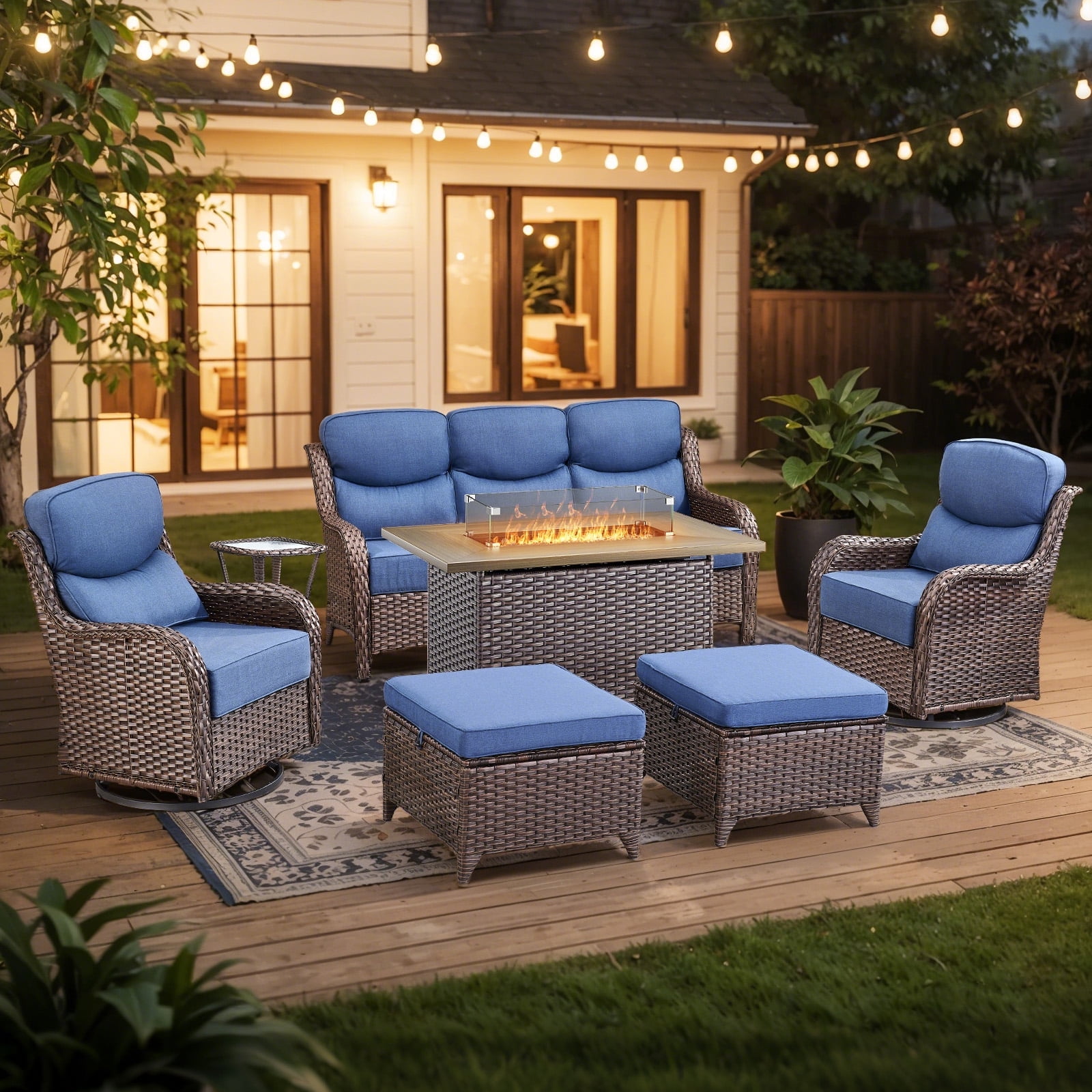 Planntonneo 7pcs Patio Furniture Set with Fire Pit Table, Rattan Sofa with Swivel Chairs, Ottomans, Side Table and 41" Propane Fire Table Rectangular, 6inch Thickened Blue Cushions, Brown Wicker