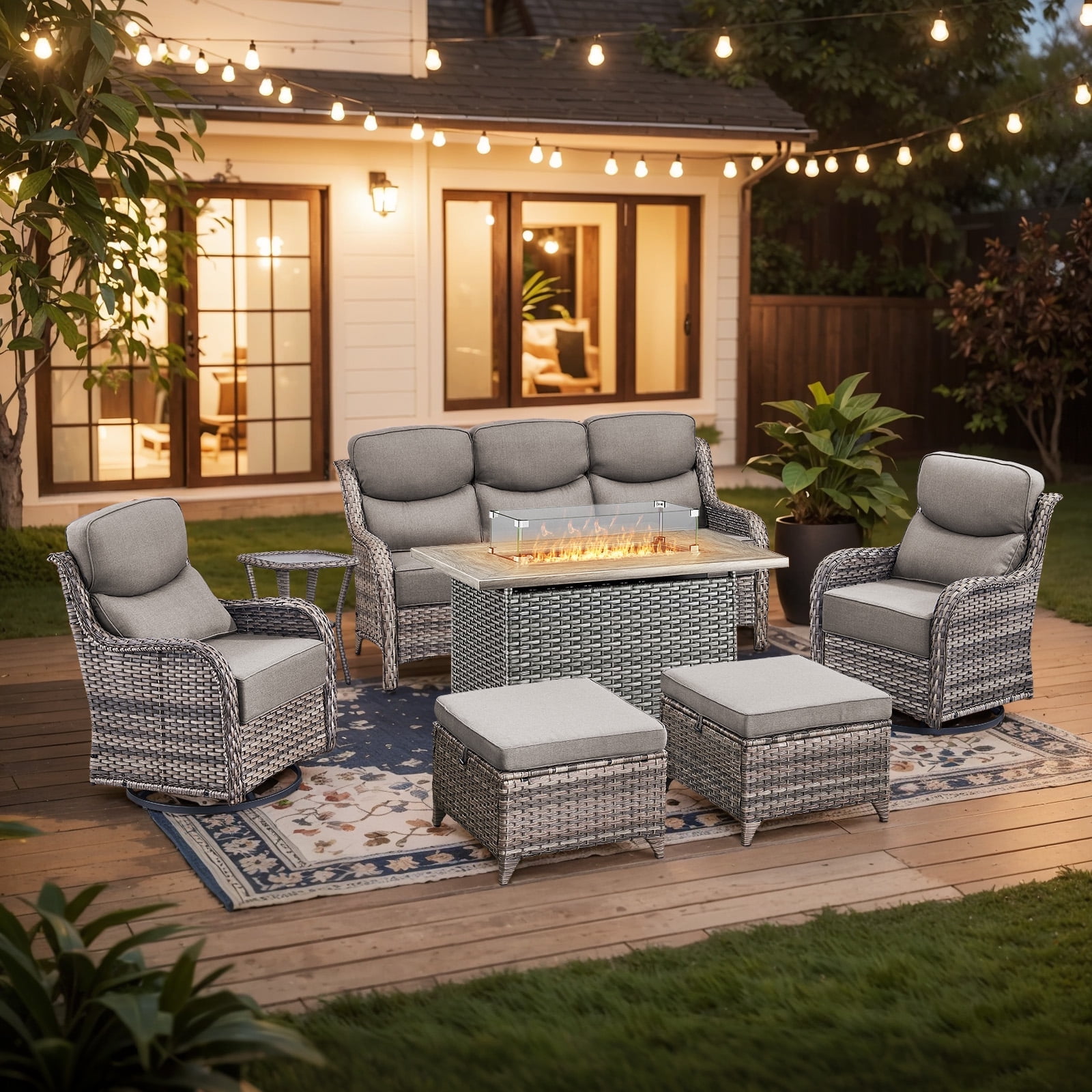 Planntonneo 7pcs Patio Furniture Set with Fire Pit Table, Rattan Sofa with Swivel Chairs, Ottomans, Side Table and 41" Propane Fire Table Rectangular, 6inch Thickened Grey Cushions, Grey Wicker