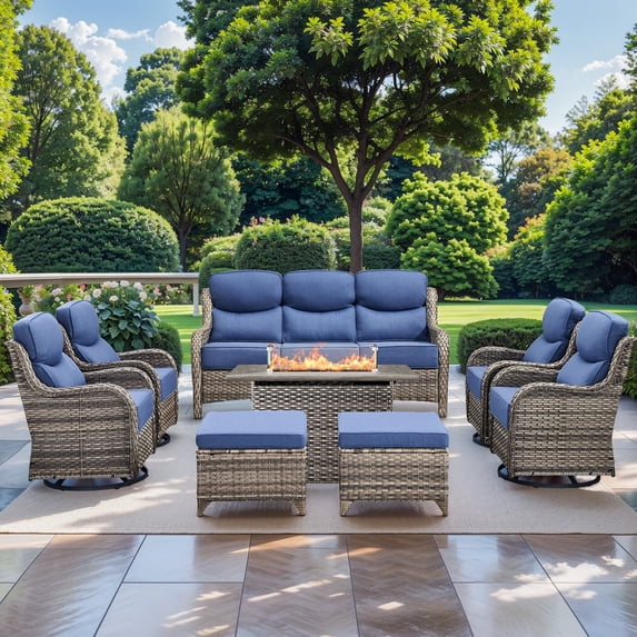 Planntonneo 8 Pieces Wicker Outdoor Patio Furniture Set with Fire Pit Table, 4 Swivel Rocking Chairs and Sofa with 6" Thick Cushion and 2 Ottomans for Porch Deck Garden Backyard, Grey/Blue