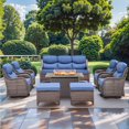 thumbnail image 1 of Planntonneo 8 Pieces Wicker Outdoor Patio Furniture Set with Fire Pit Table, 4 Swivel Rocking Chairs and Sofa with 6" Thick Cushion and 2 Ottomans for Porch Deck Garden Backyard, Brown/Blue, 1 of 16